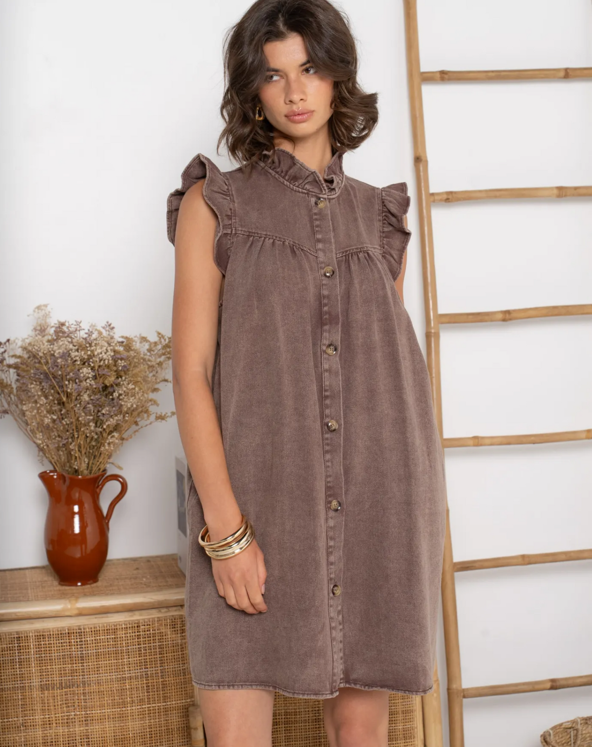 Ruffle Soft Denim Dress Brown
