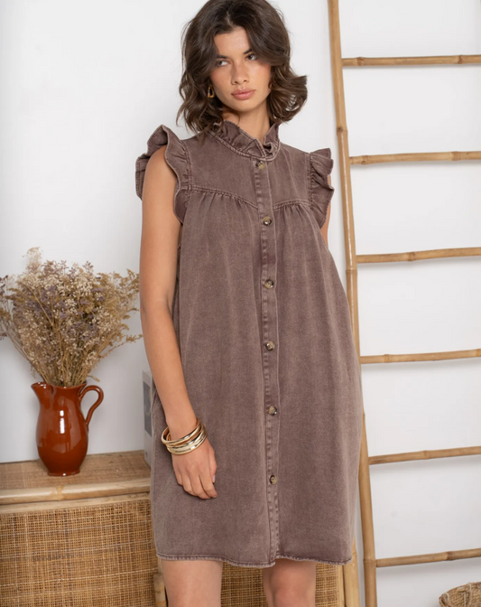 Ruffle Soft Denim Dress Brown