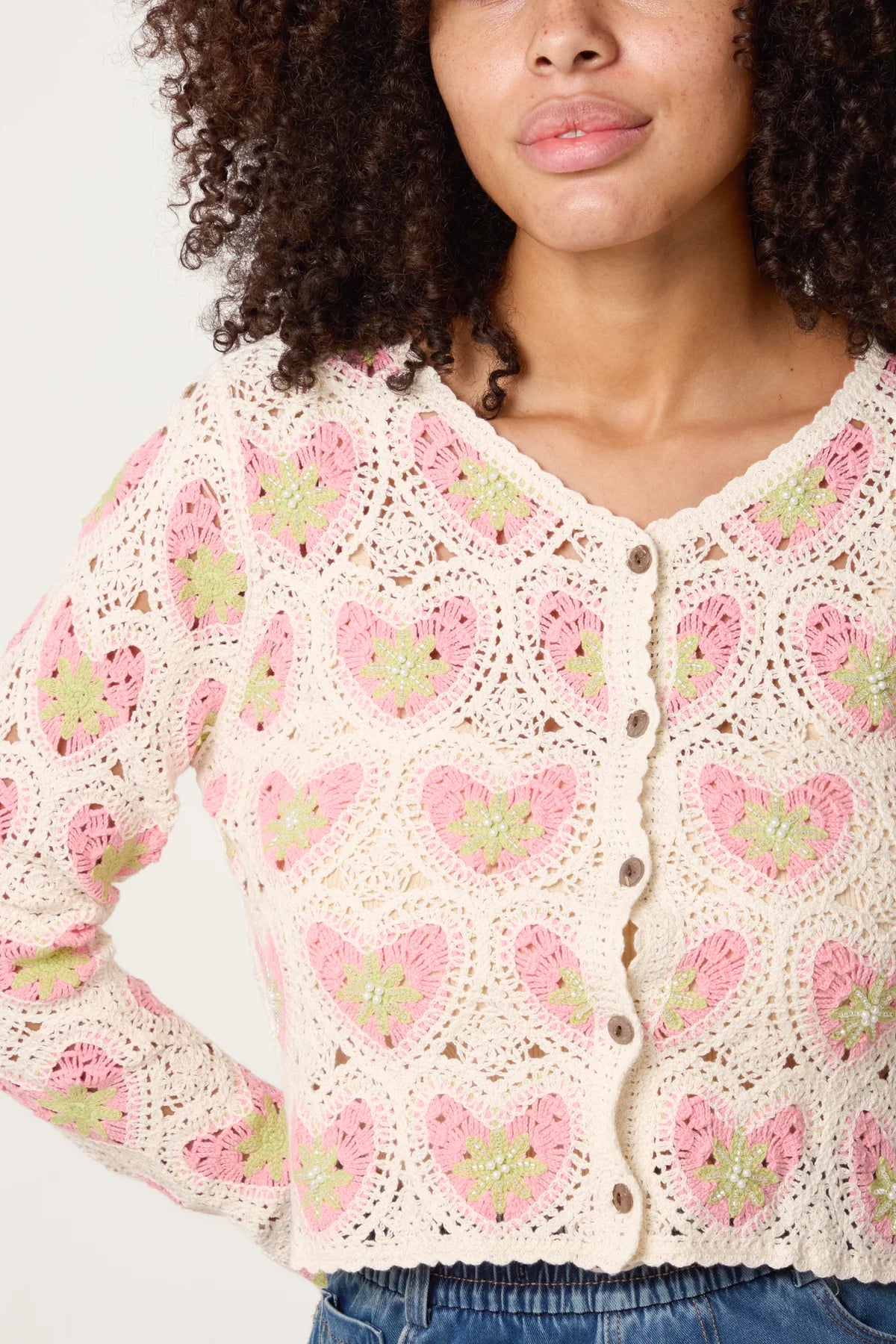 Beaded Heart Pattern Crochet Cardigan Pink