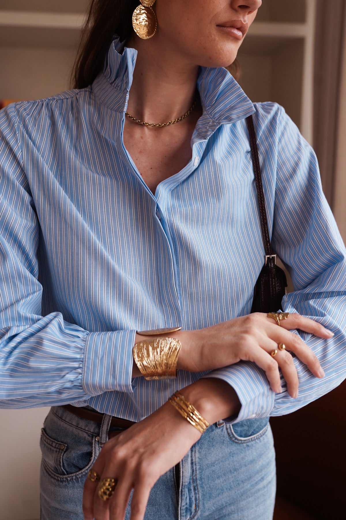 Striped Shirt with Manadarin Collar