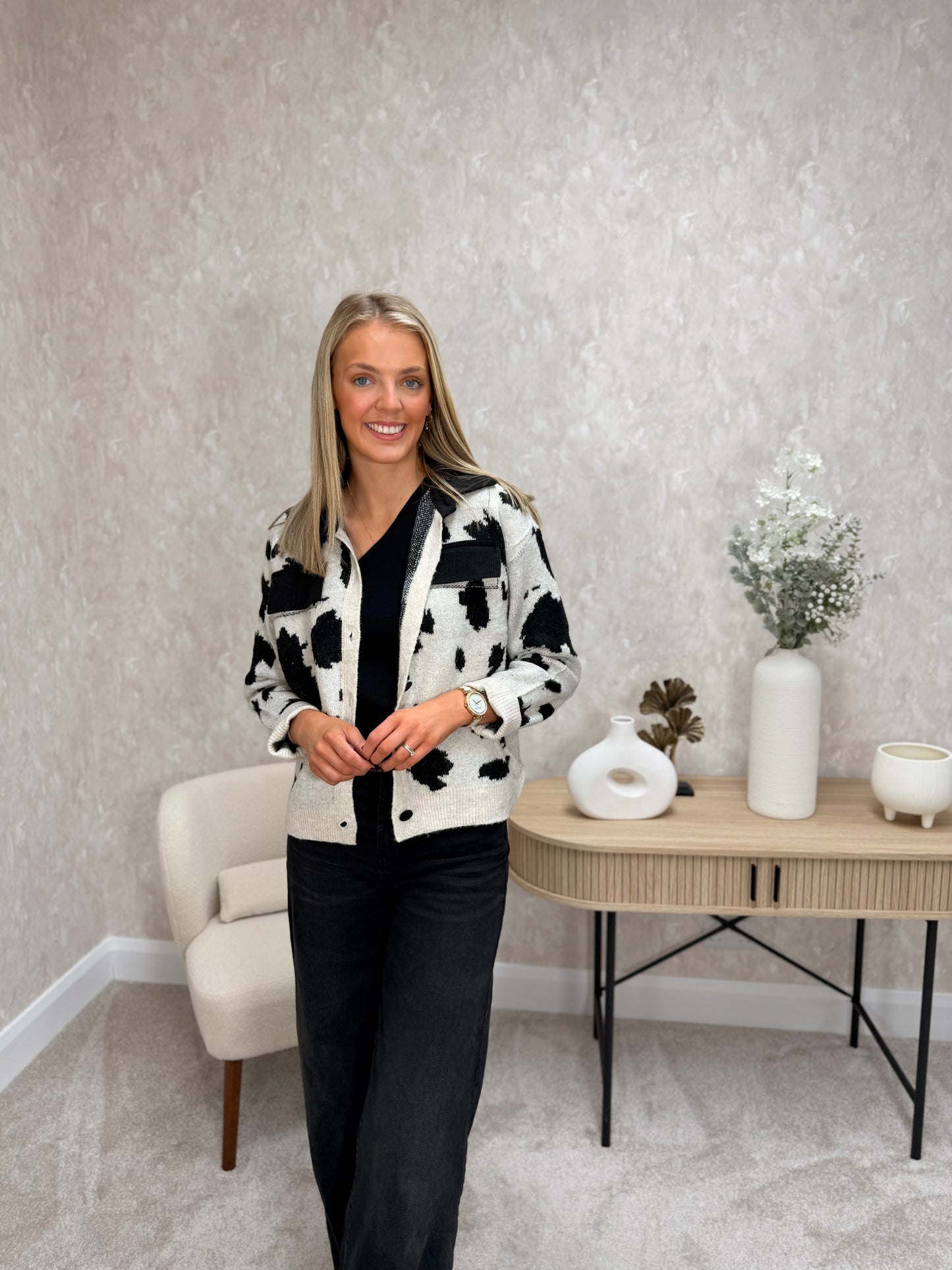 Cow Print Cardigan Black