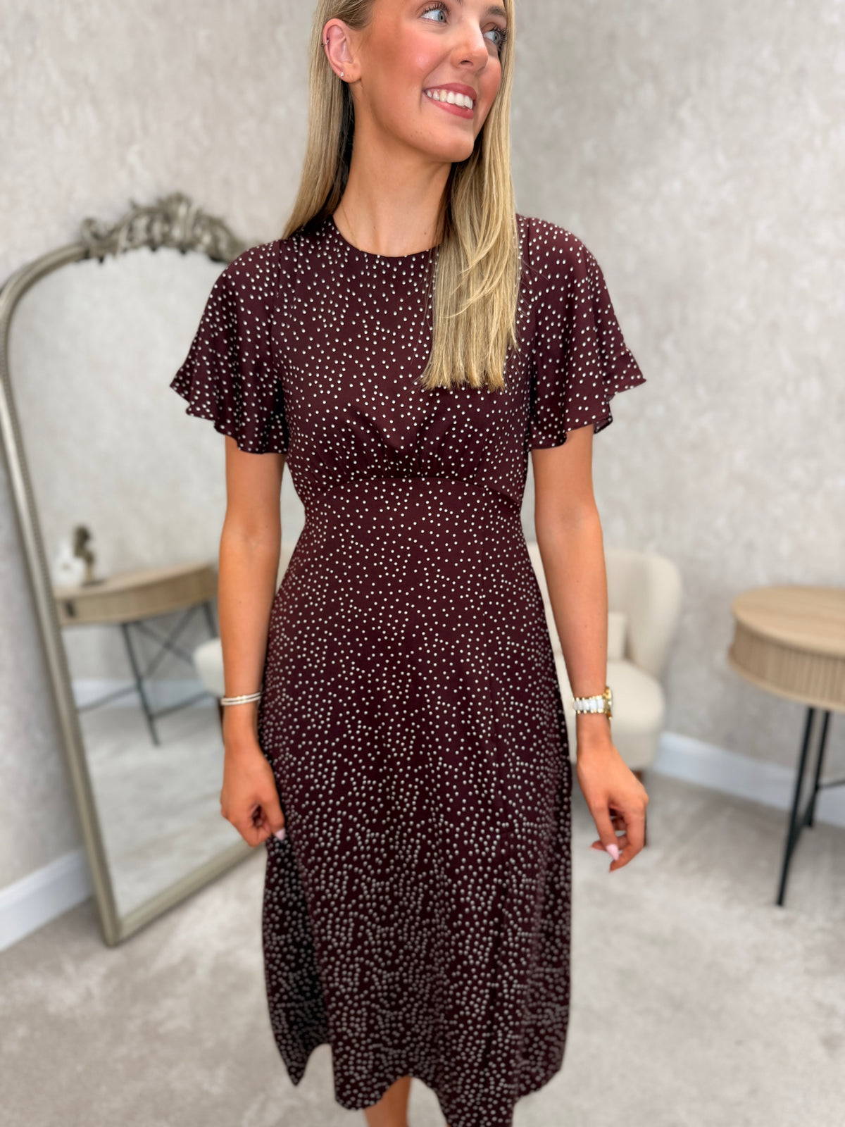 Britney Burgundy Spot Angel Sleeve Midi Dress