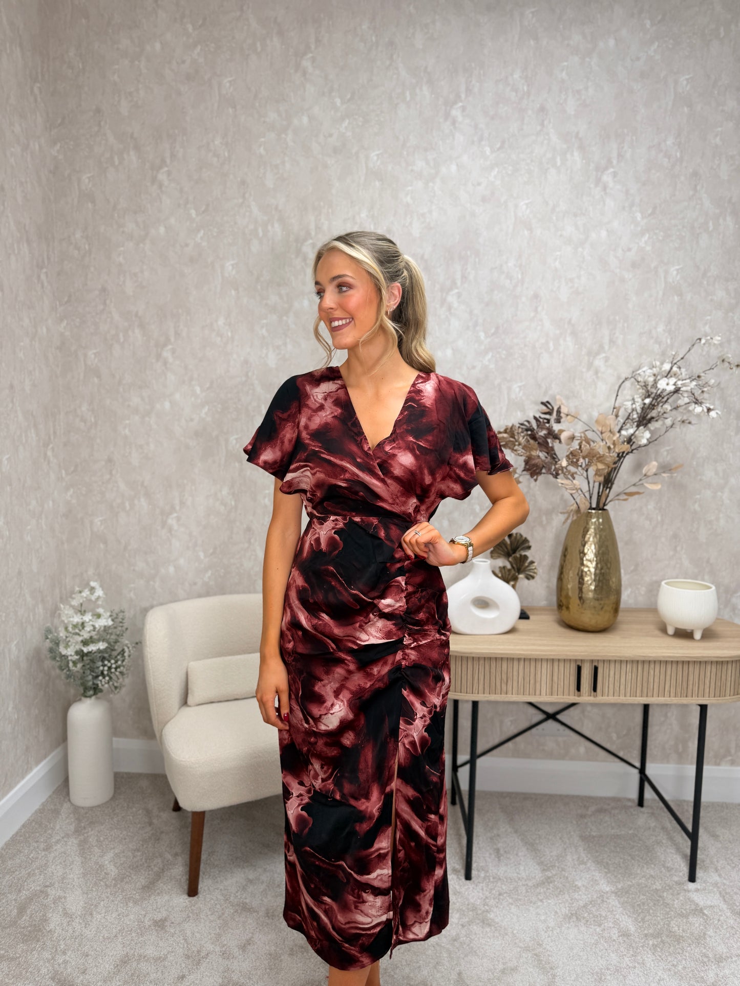 Priscilla Wrap Over Ruched Detail Midi Dress Wine Marble