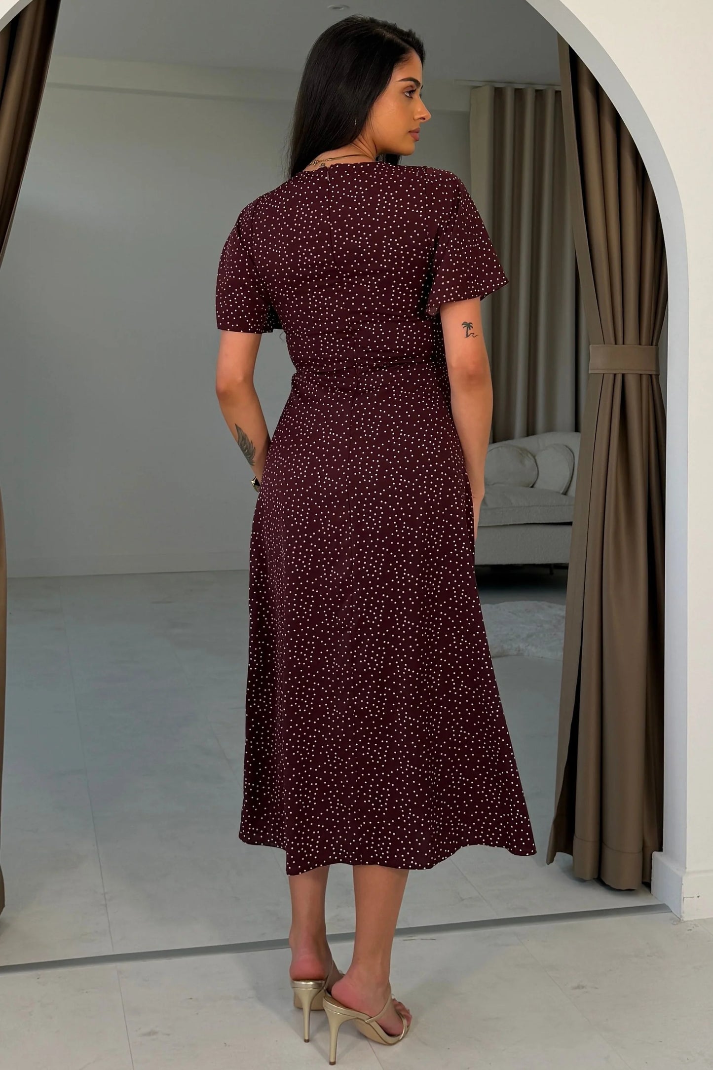 Britney Burgundy Spot Angel Sleeve Midi Dress