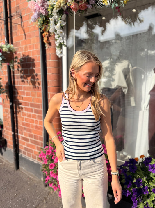 Fine Knit Stripe Vest White/Navy/Pink