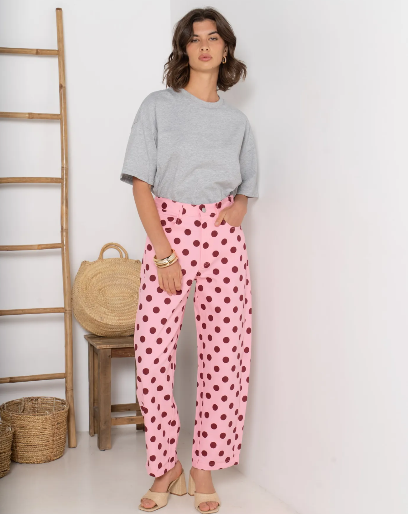 Soft Barrel Polka Dot Jeans - Pink/Burgundy