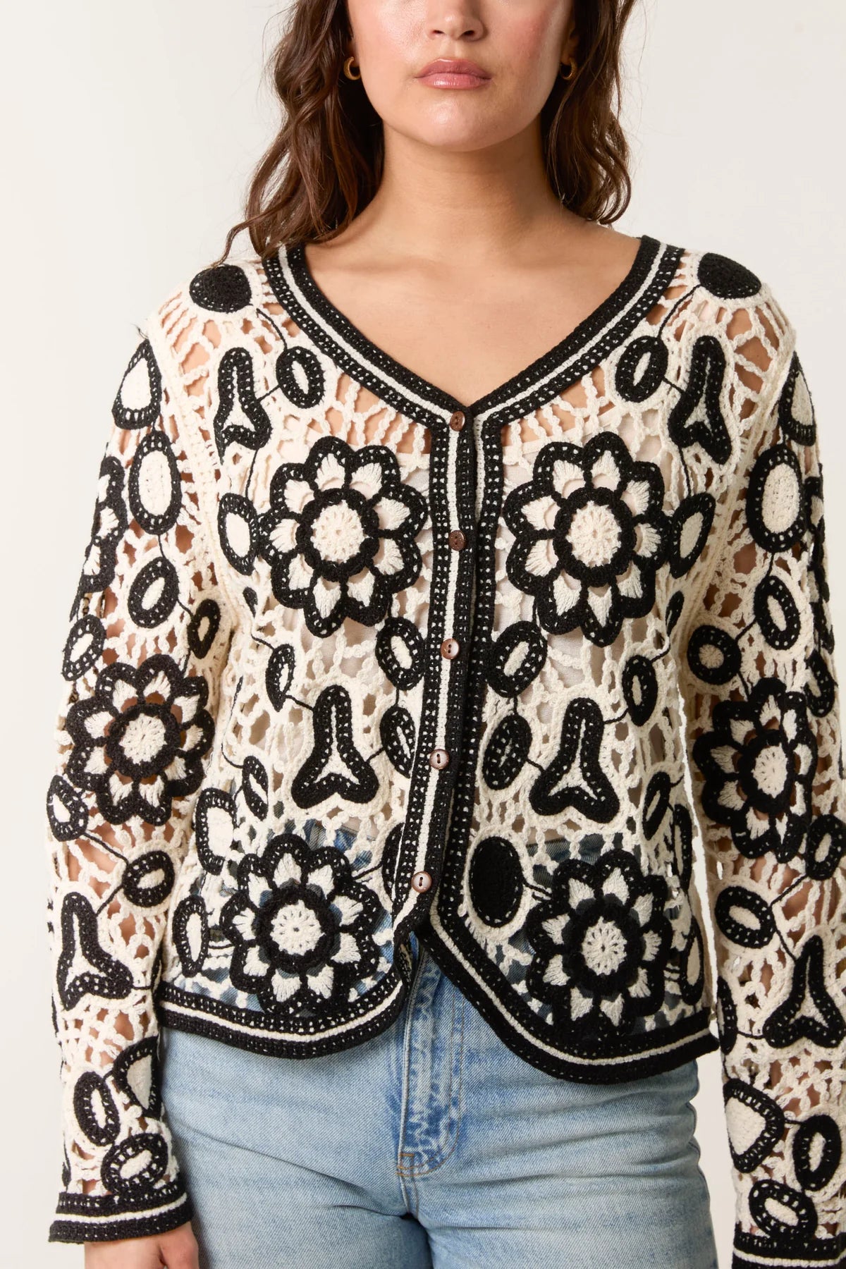 Crochet Floral Button Up Cardigan Black Cream