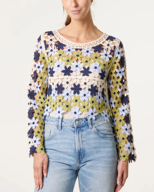 Floral Crochet Cropped Jumper Blue
