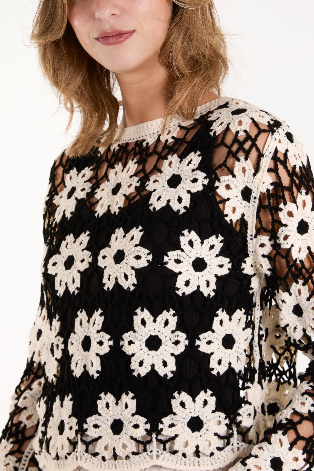 Monochrome Floral Pattern Crochet Top