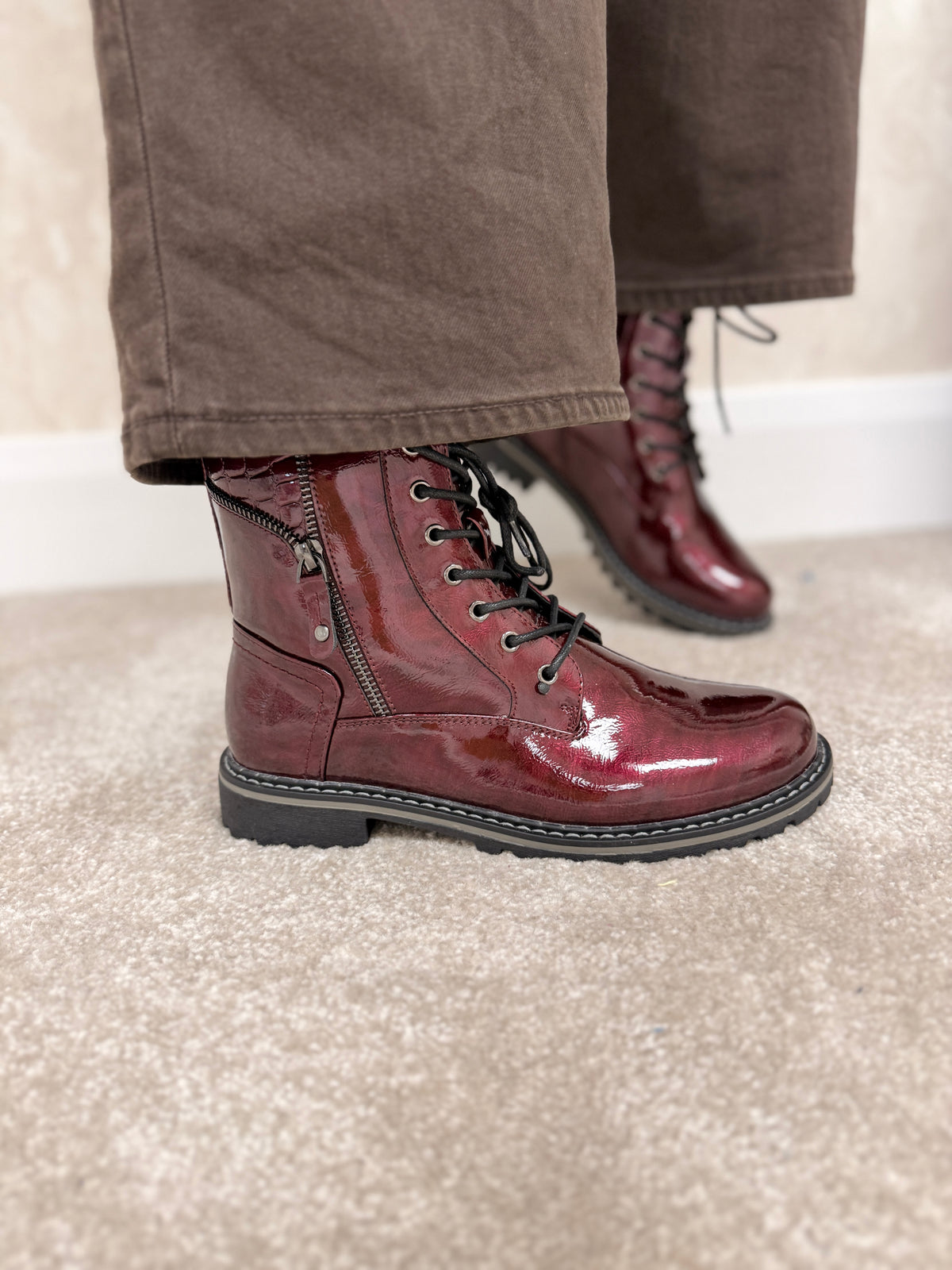 Lunar Allison patent ankle boot burgundy