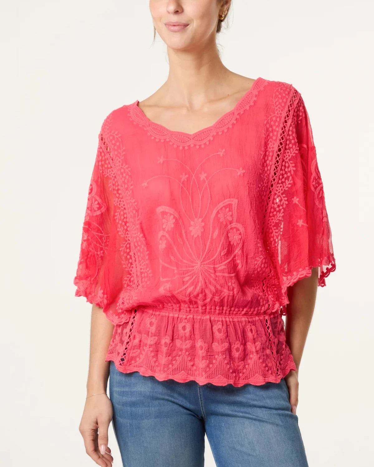 Floral Lace Butterfly Sleeve Blouse