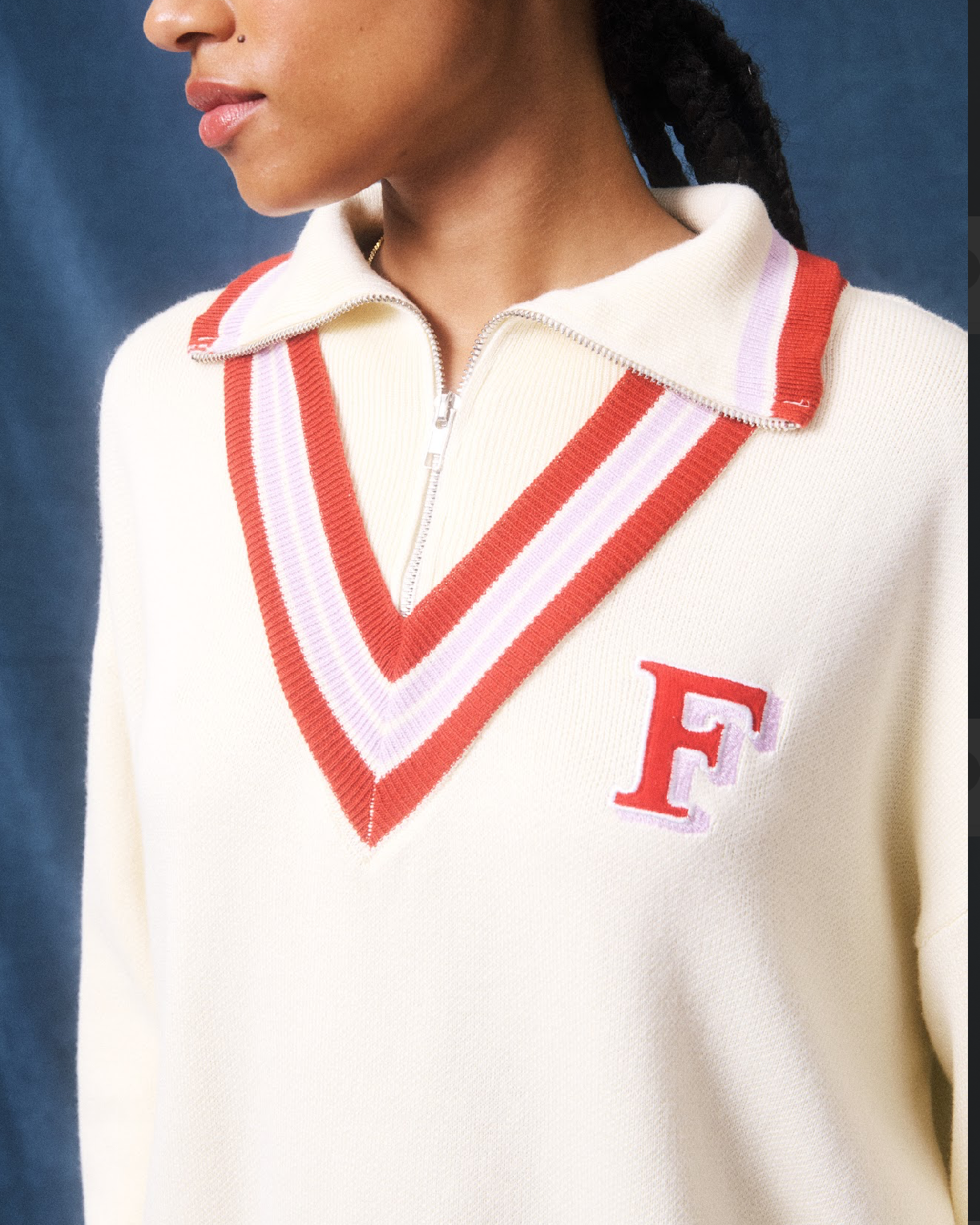 Cream 1/4 Zip Varsity Knit