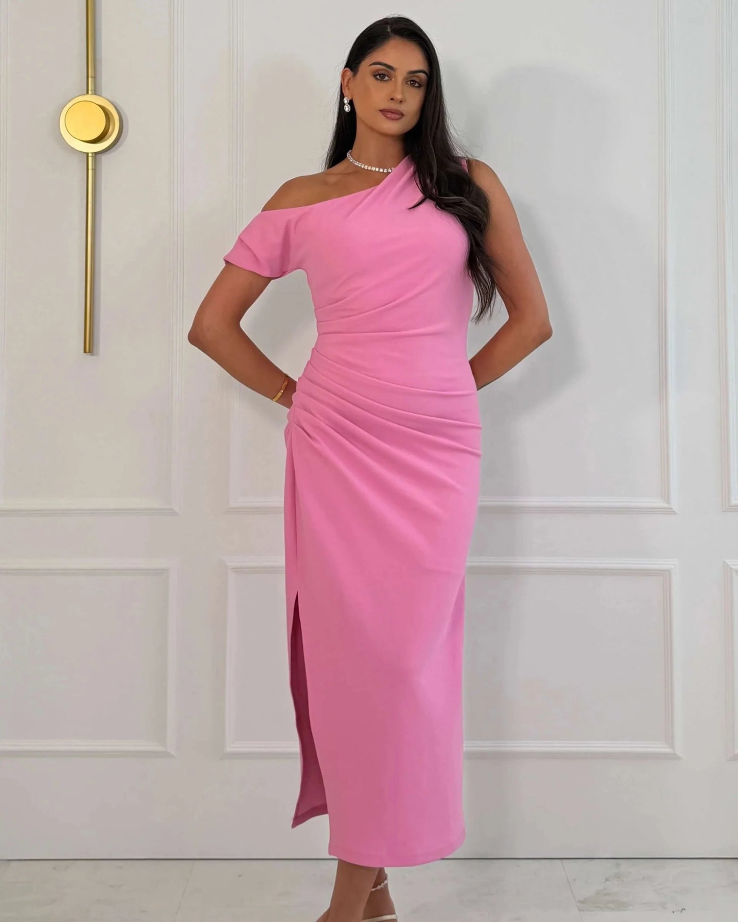 Donna Asymmetric Neckline Midi Dress Pink
