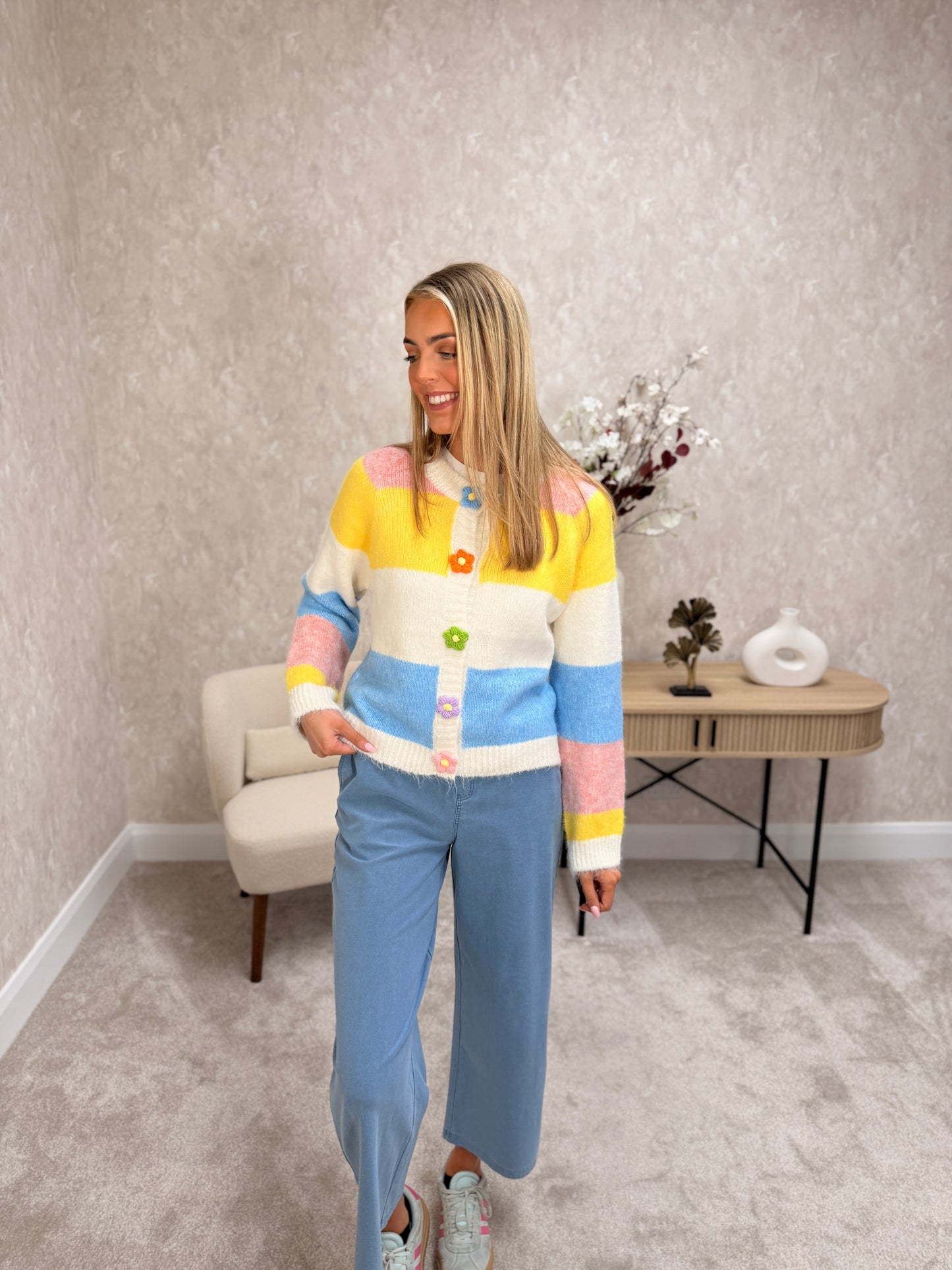 Striped Block Flower Button Knit Cardigan.