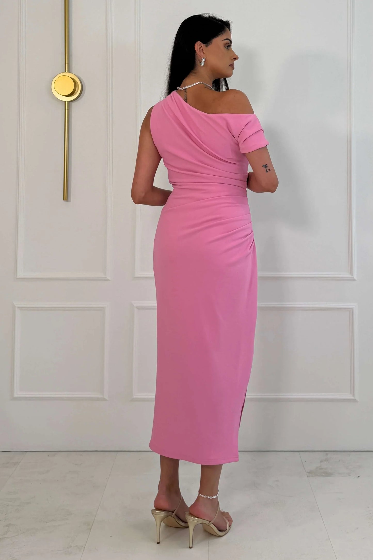 Donna Asymmetric Neckline Midi Dress Pink