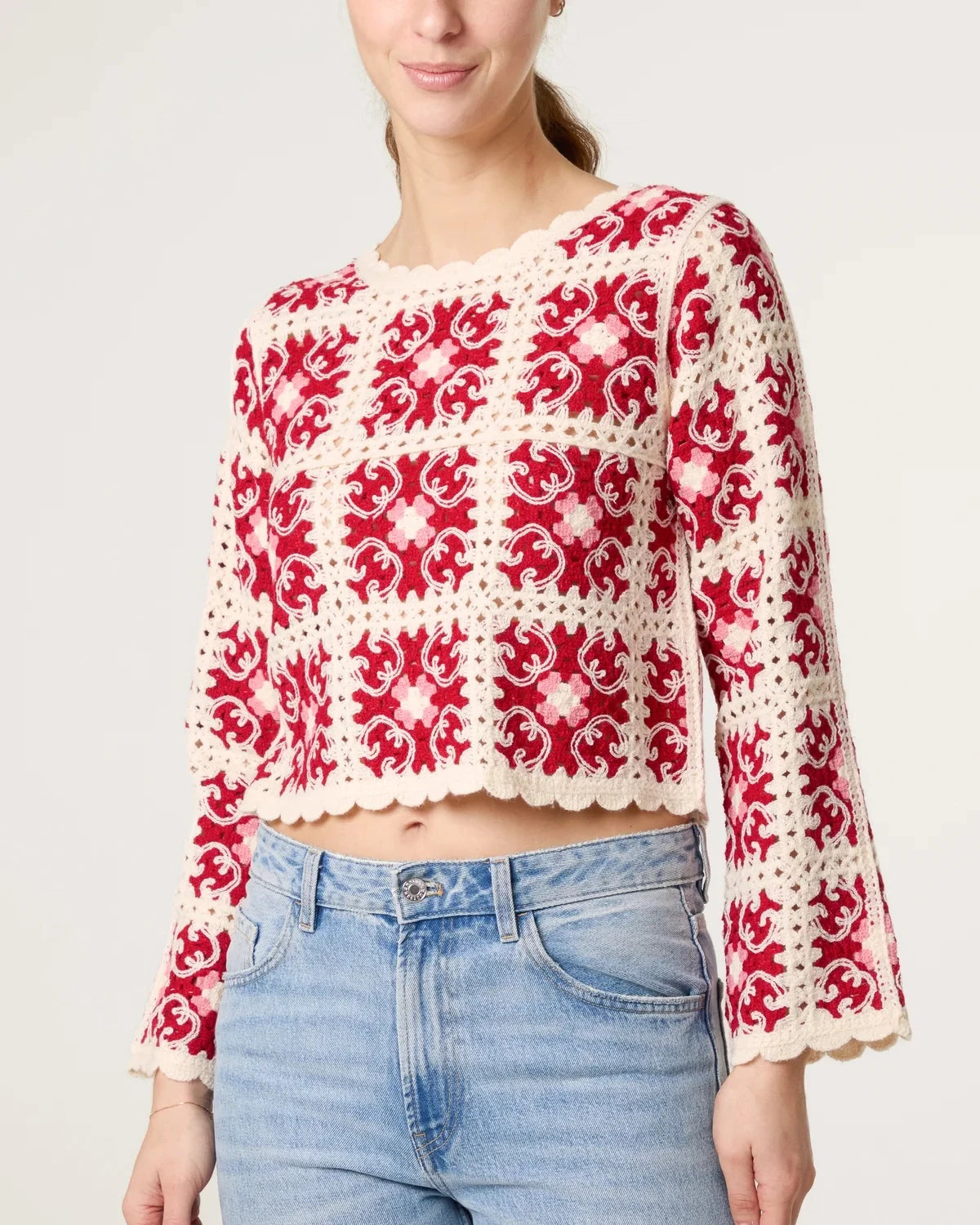 Patchwork Scallop Crochet Top Red