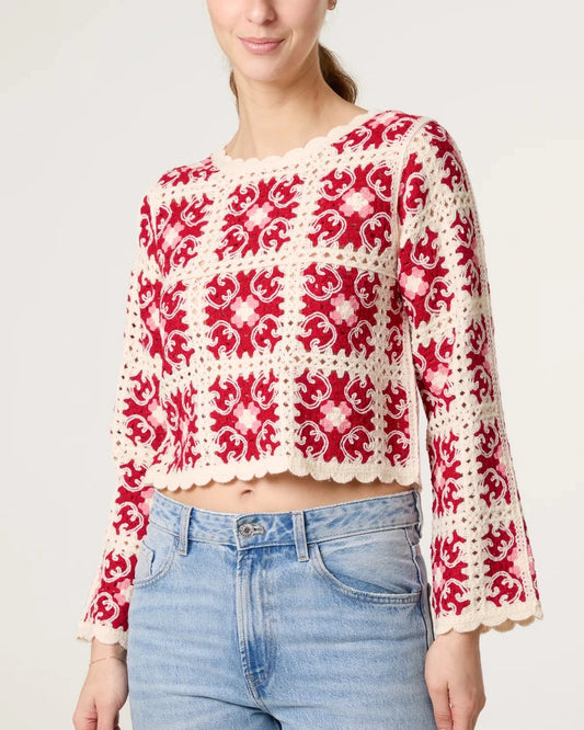Patchwork Scallop Crochet Top Red