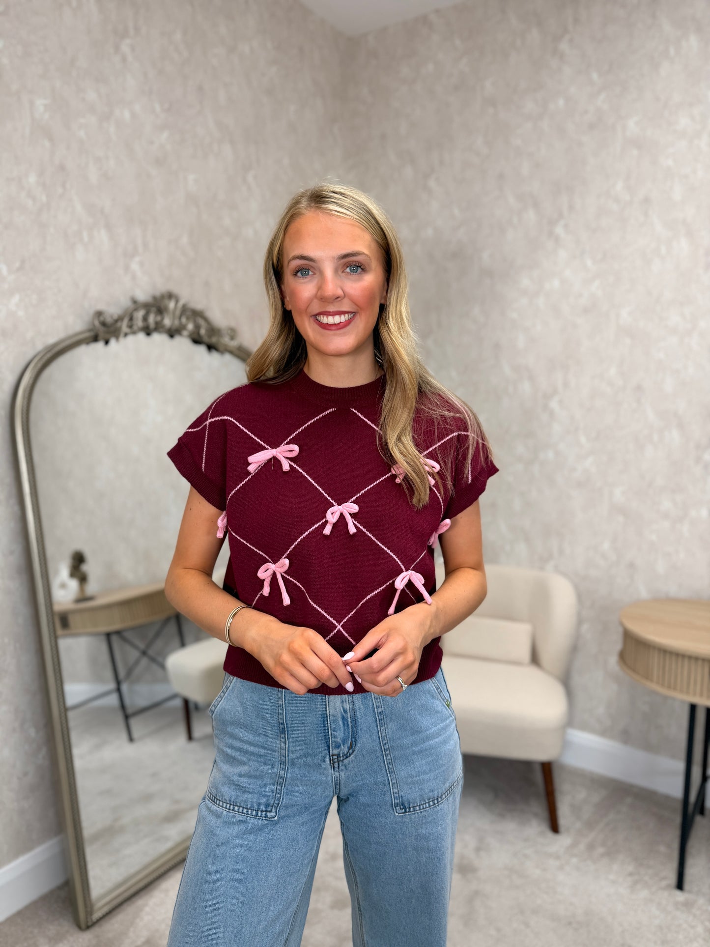 Burgundy Pink Bow Knit Jumper