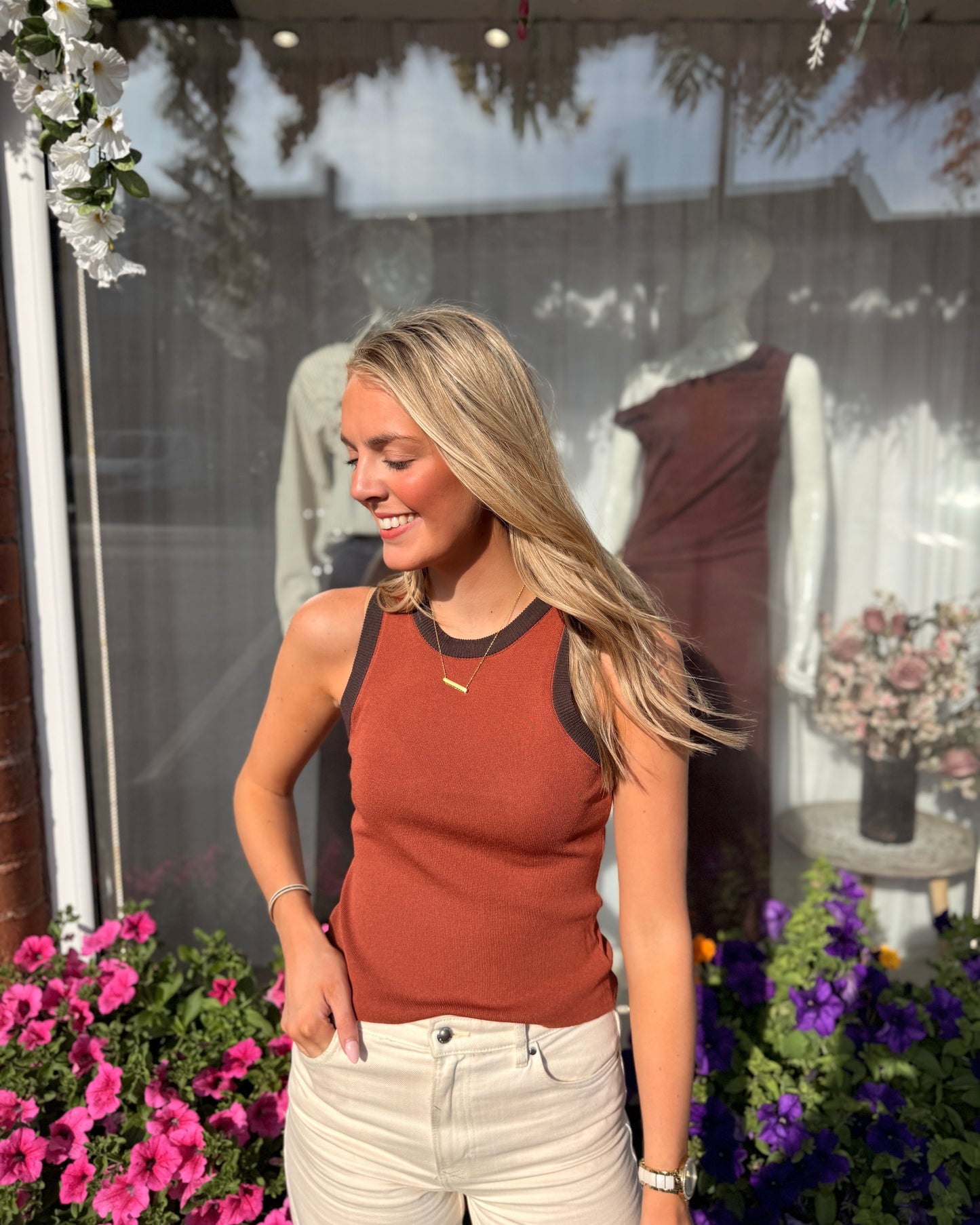 Contrast Ribbed Tank Top Caramel