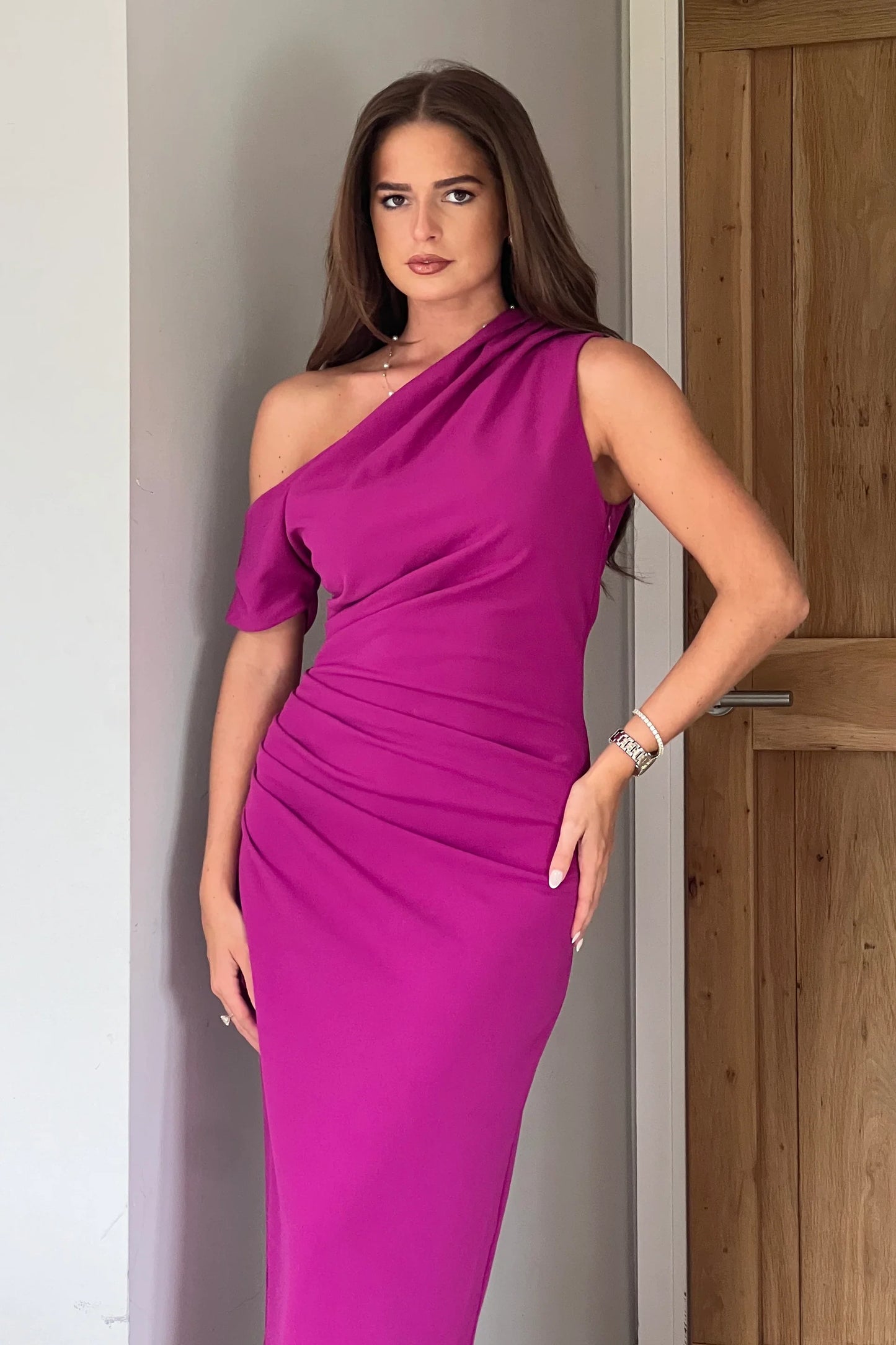Donna Asymmetric Neckline Midi Dress Dark Fuchsia Dress
