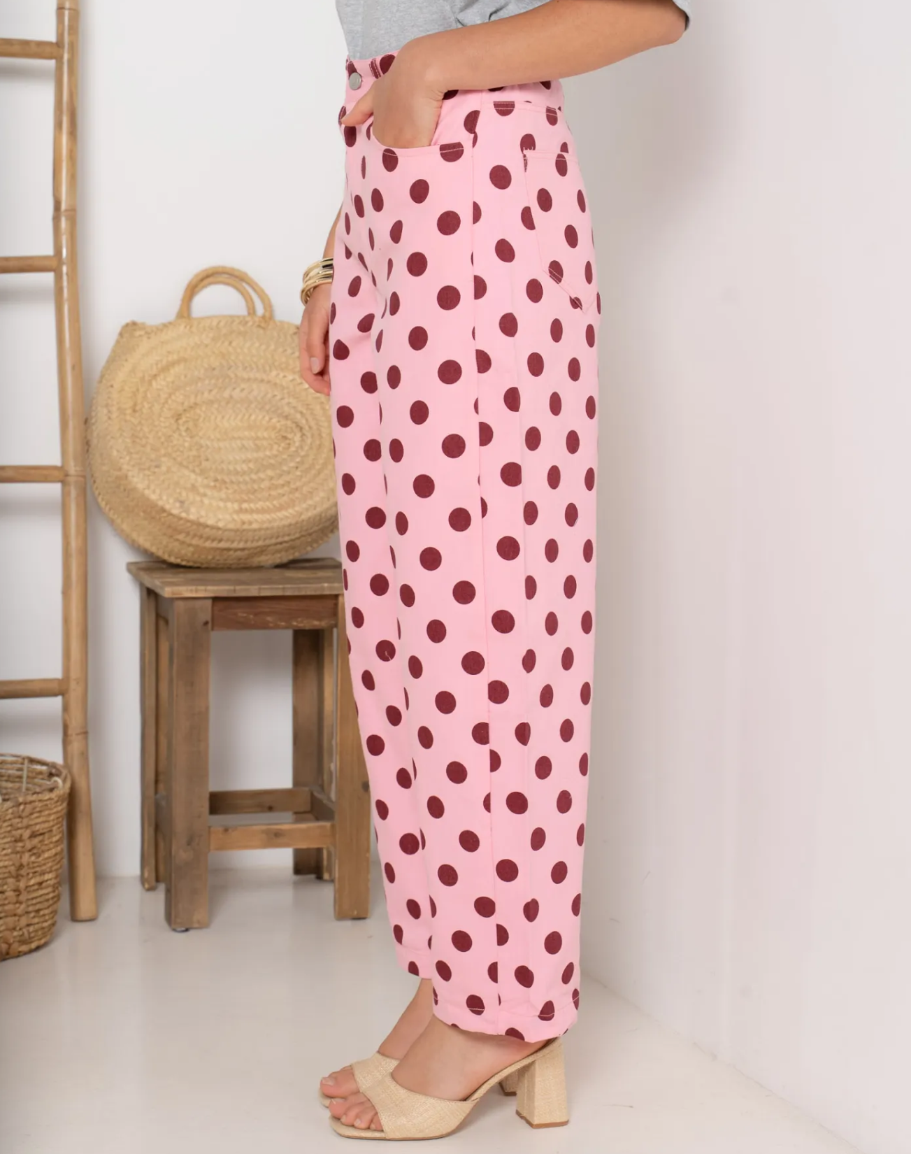 Soft Barrel Polka Dot Jeans - Pink/Burgundy