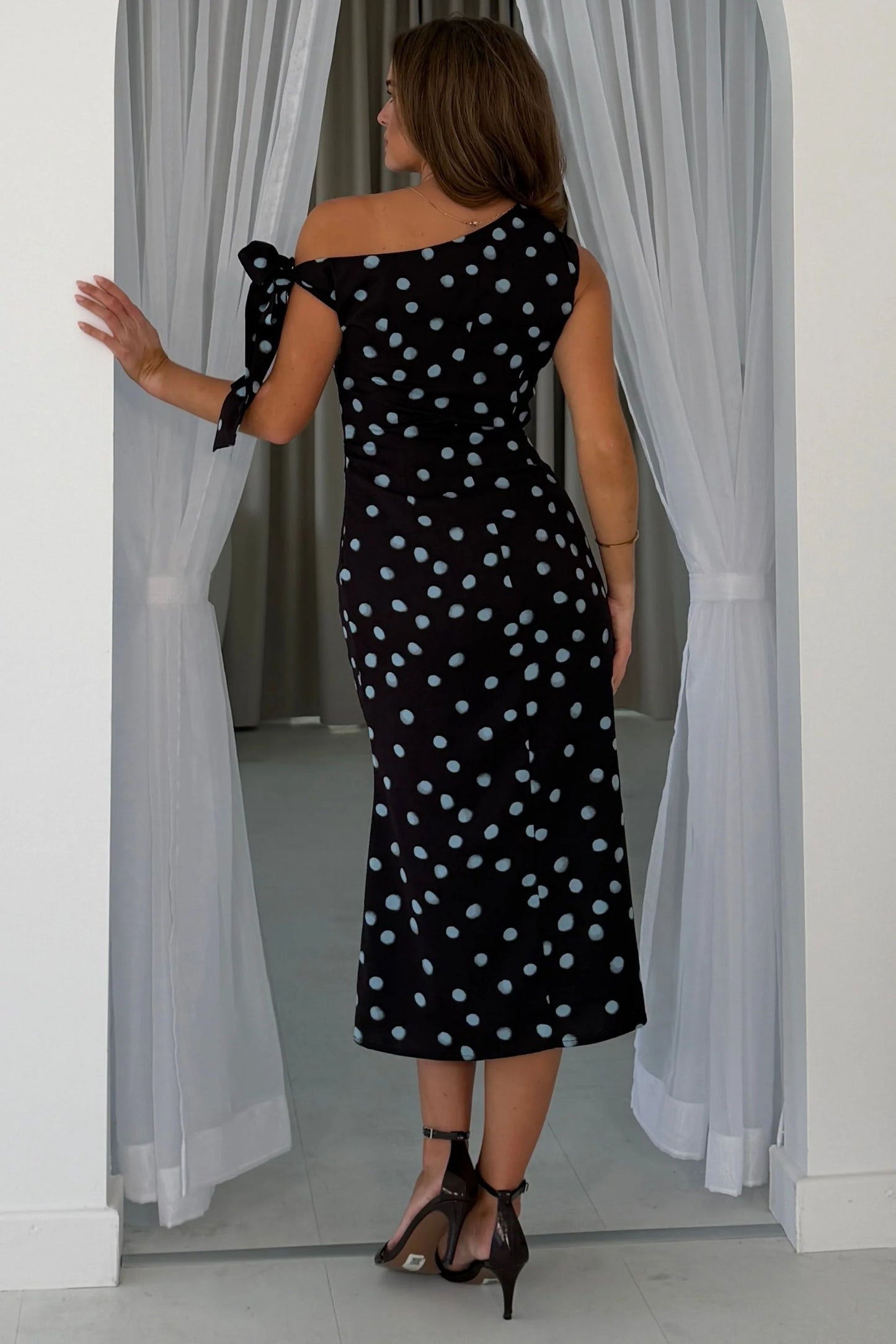 Luciana Spot Tie Shoulder Midi Dress Plum