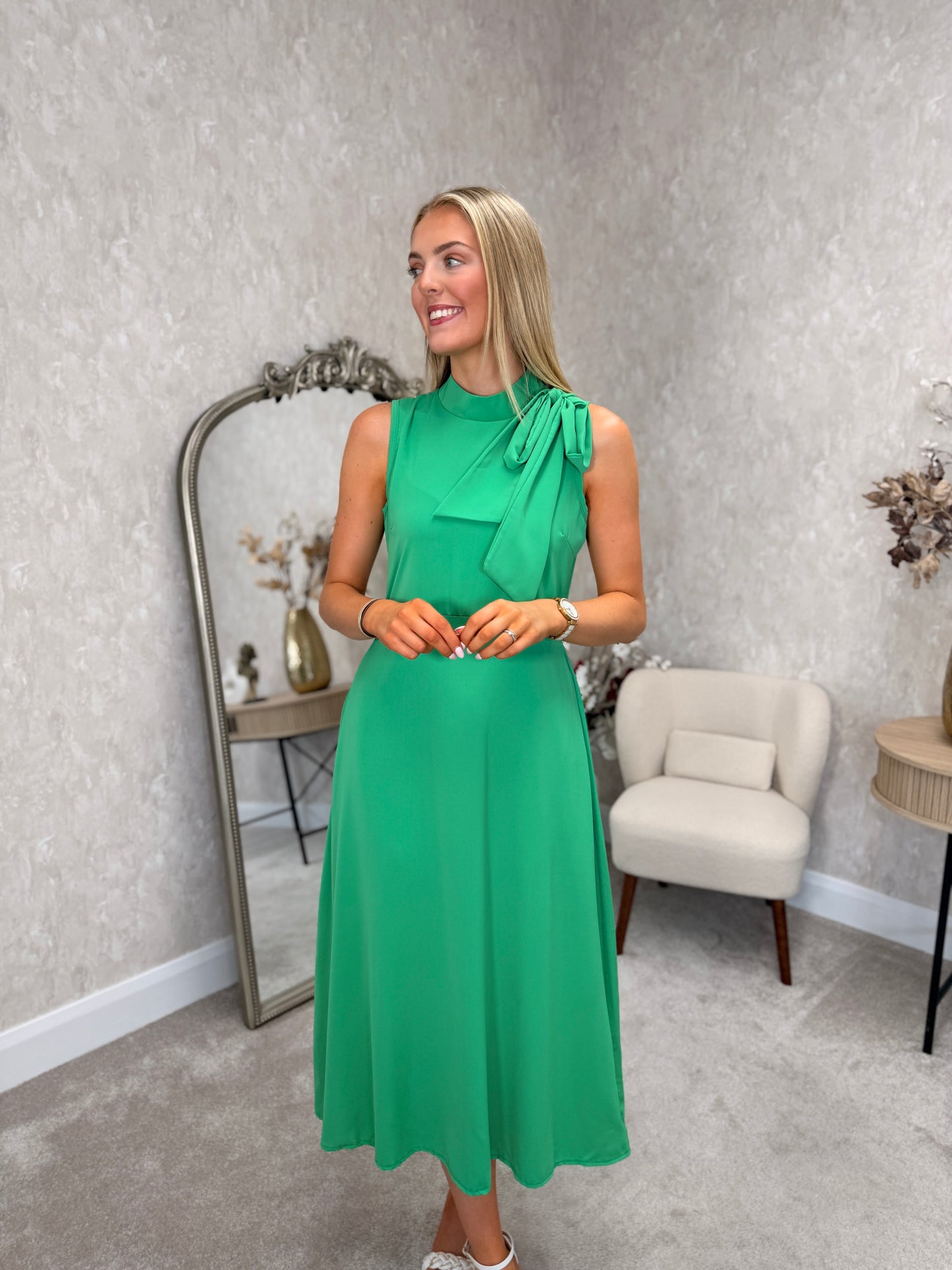 Green Neck Tie Midi Dress