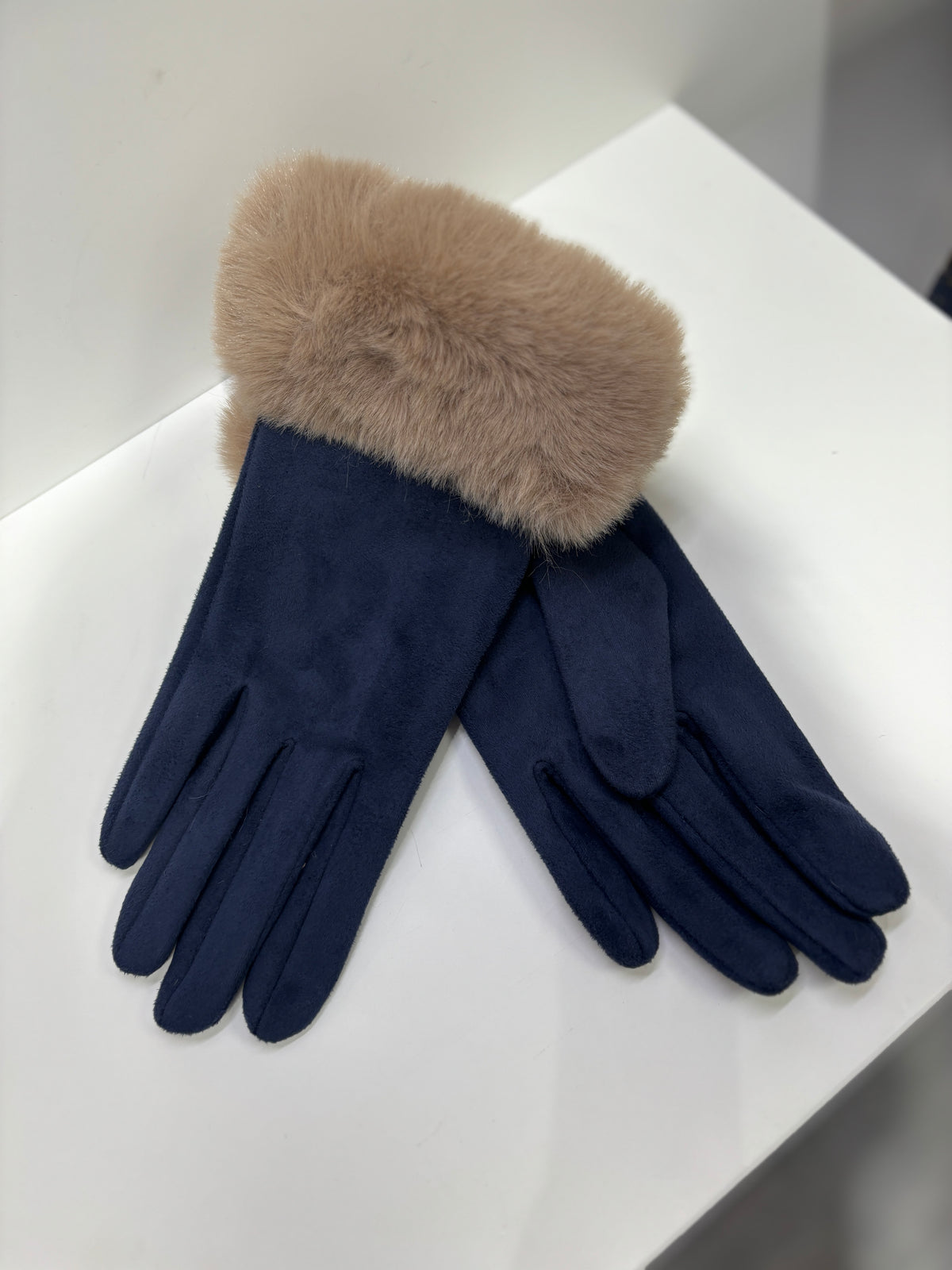 Navy/Taupe Fur Gloves