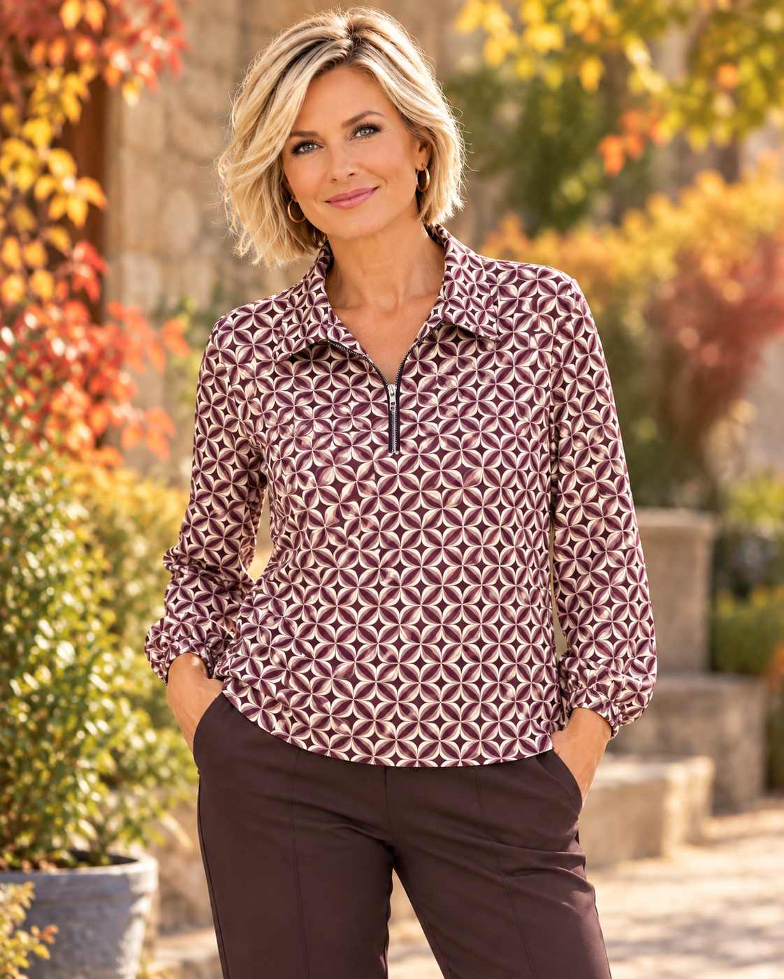 YEW 3861 collared top with zip plum/taupe