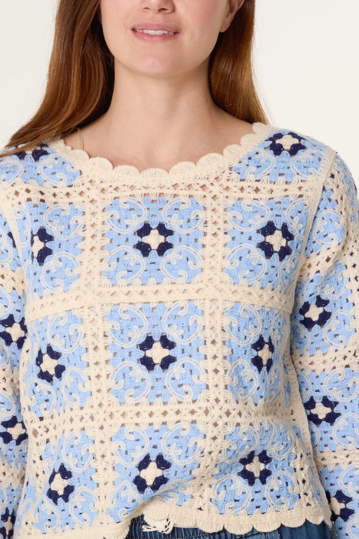 Patchwork Scallop Crochet Top Blue