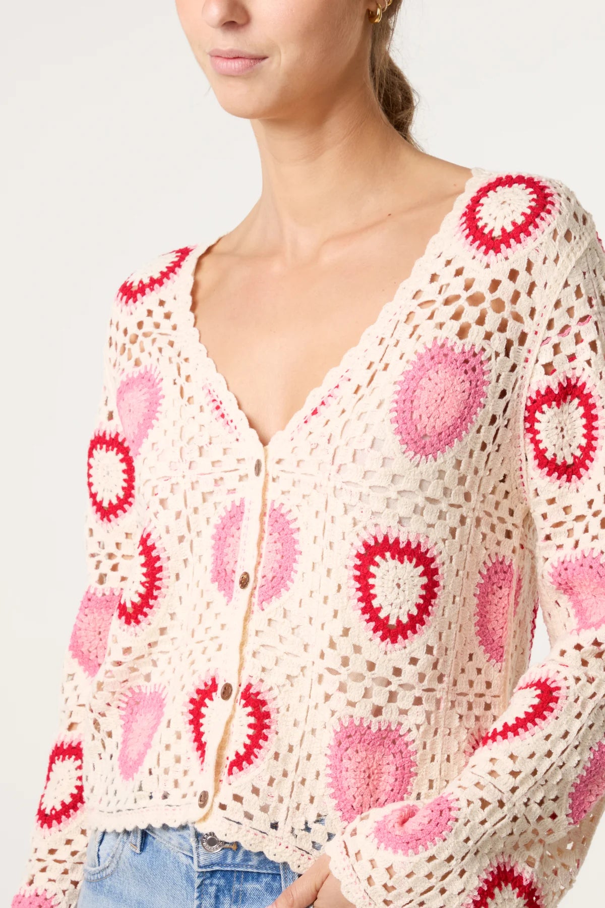 Colourful Heart Crochet Cardigan Pink