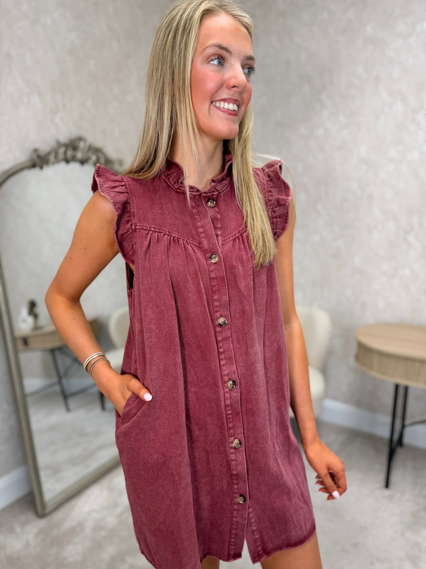 Ruffle Soft Denim Dress Maroon