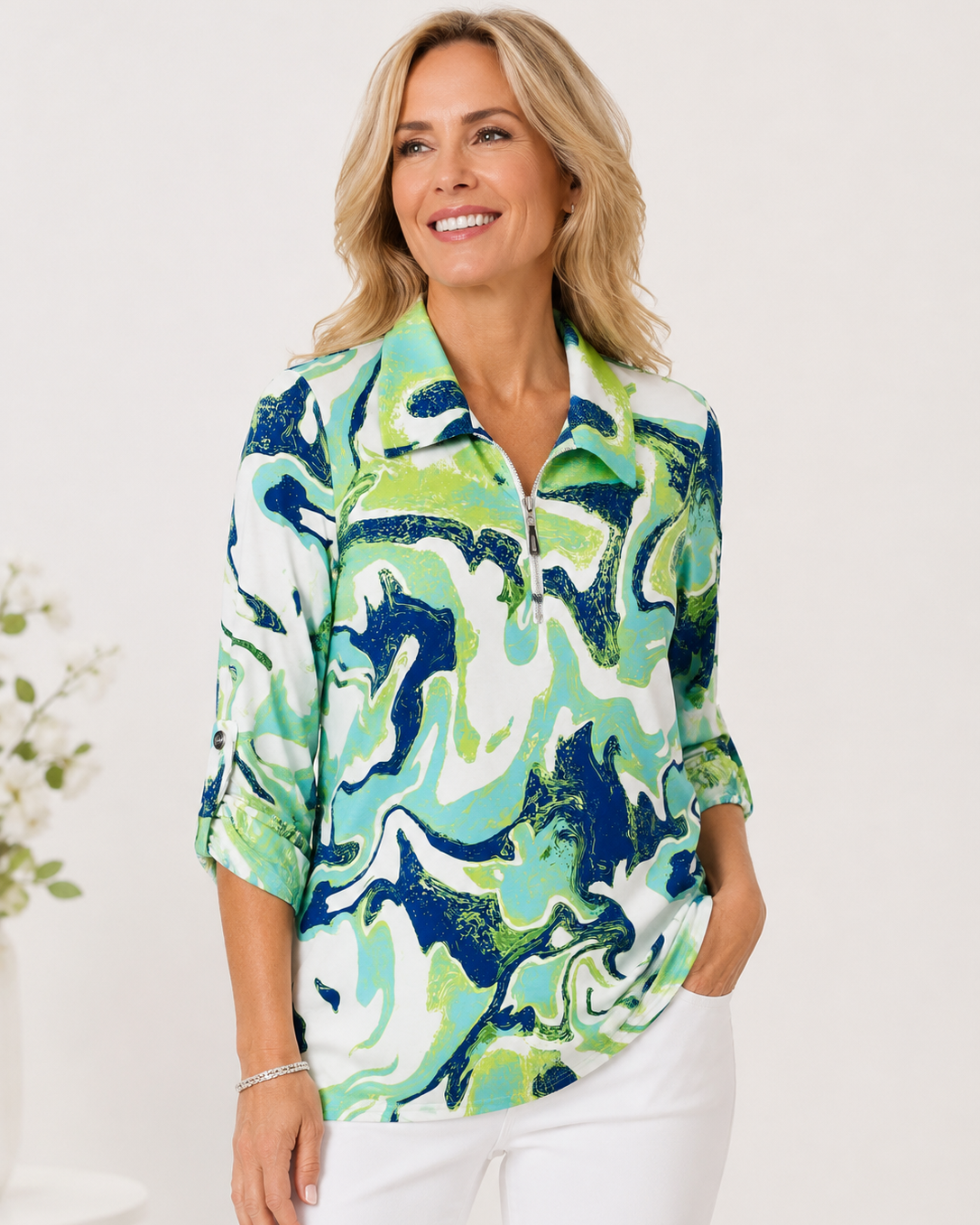 YEW 3861 Zip Green Blue Top