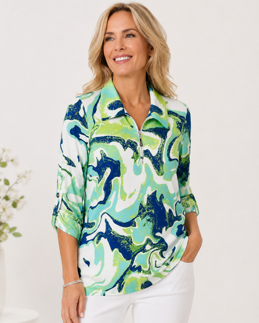 YEW 3861 Zip Green Blue Top