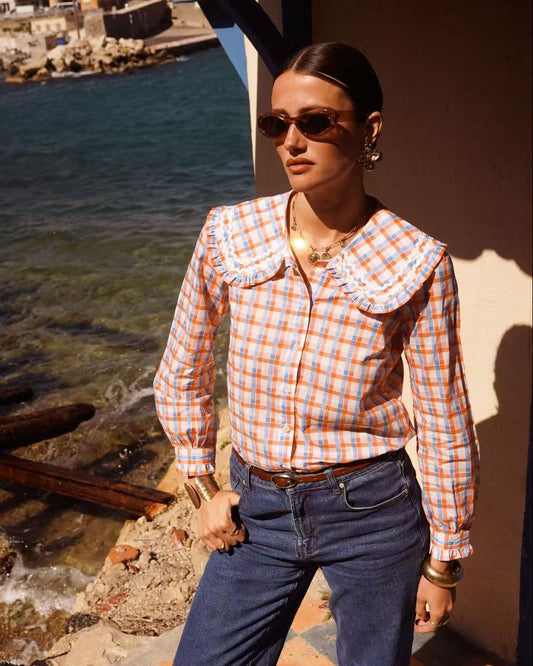 Orange and blue checkered blouse