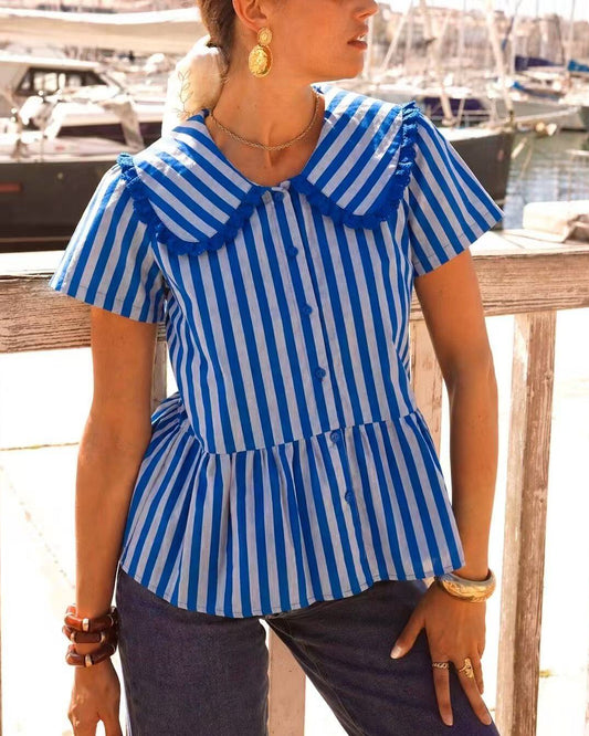 Striped Collared Blouse Blue