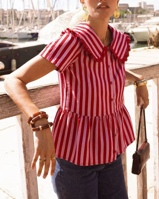 Striped Collared Blouse Pink Red
