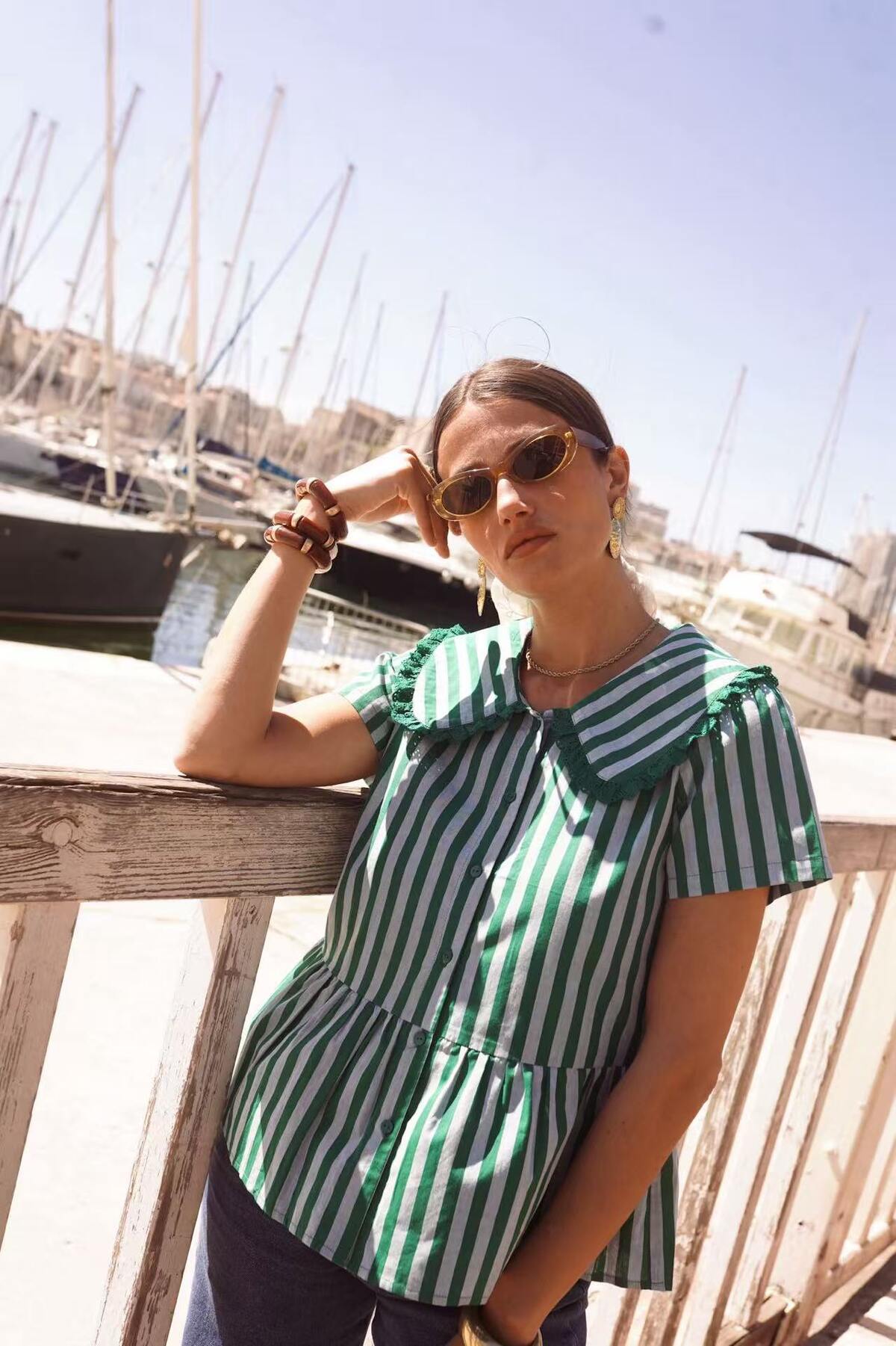 Striped Collared Blouse Green