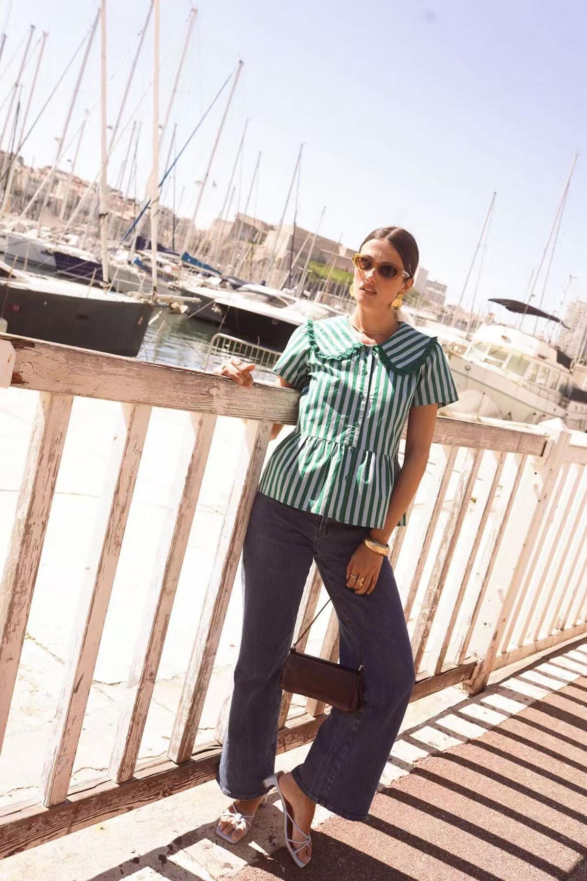 Striped Collared Blouse Green