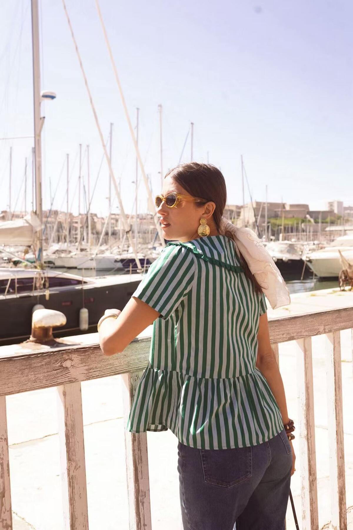 Striped Collared Blouse Green