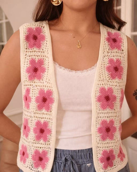 Sleeveless Crochet floral vest Red