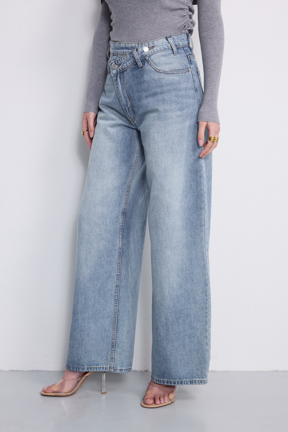 Asymmetric Wide Leg Blue Jeans