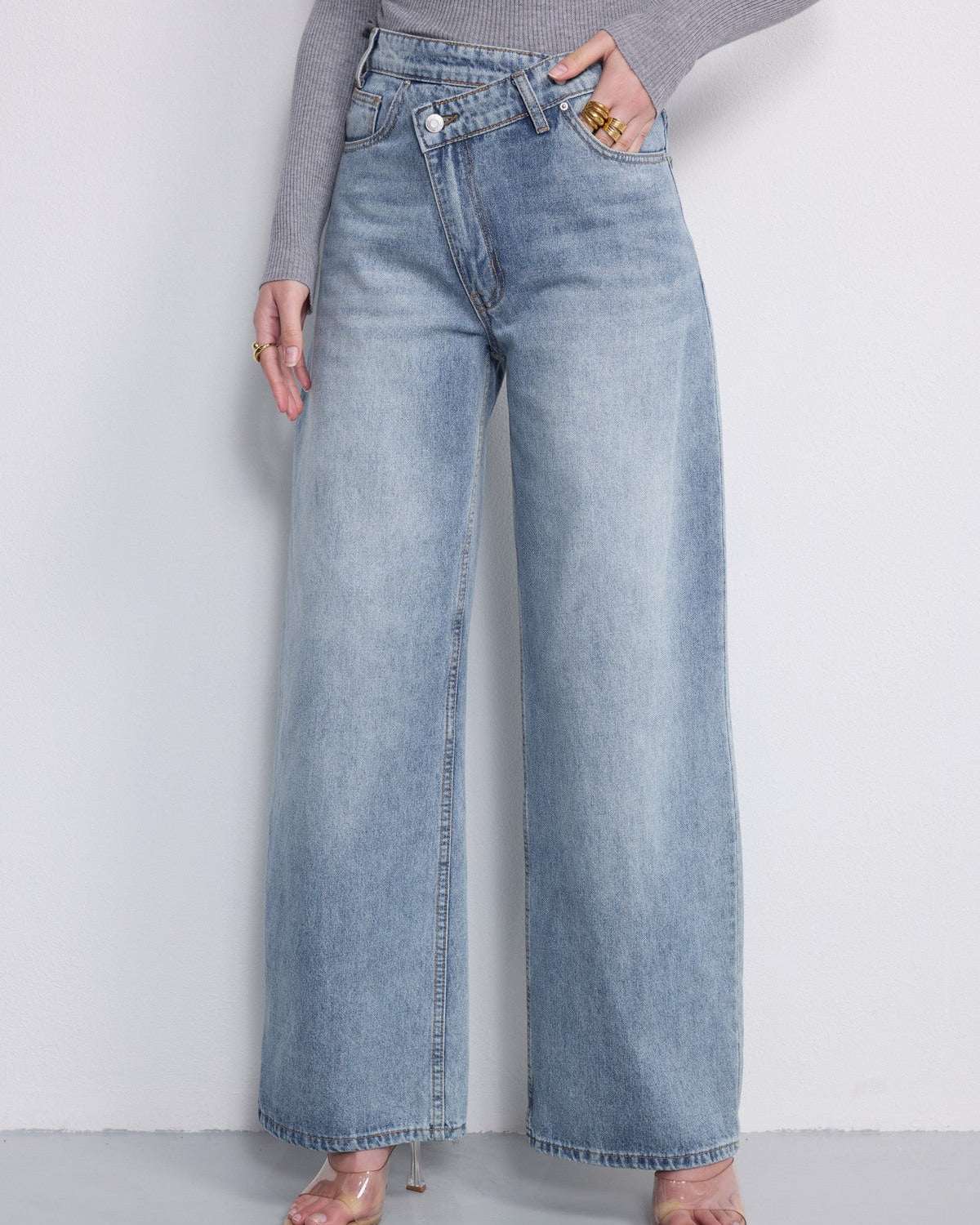 Asymmetric Wide Leg Blue Jeans