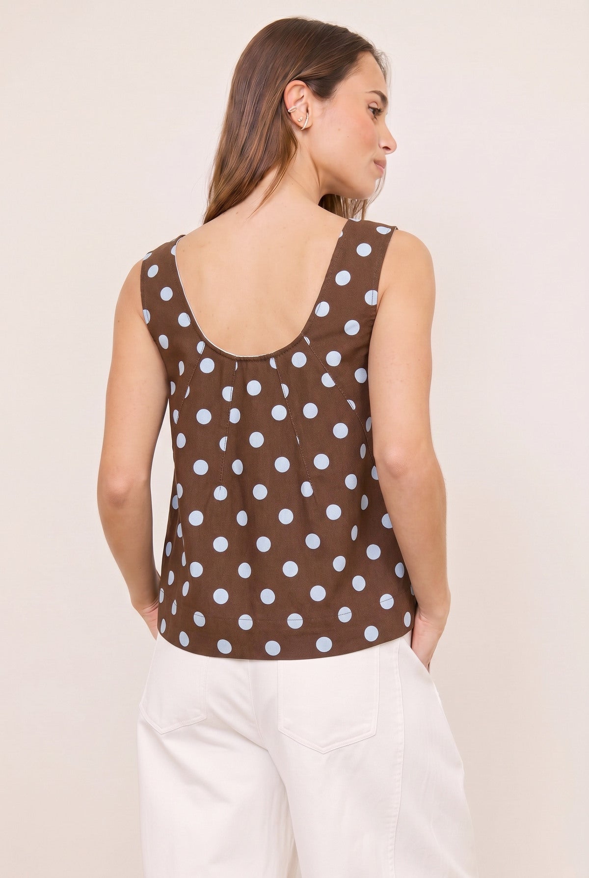 Sleeveless Denim Top Brown/Blue Polka