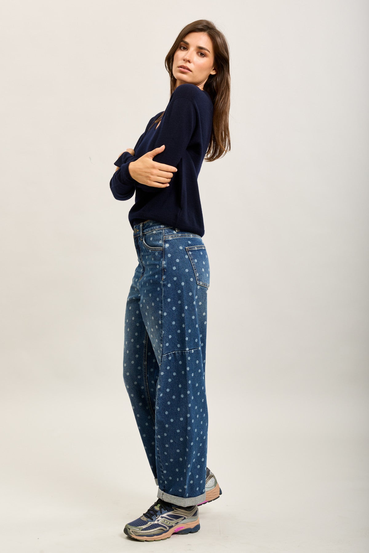Denim polka dot barrel jeans