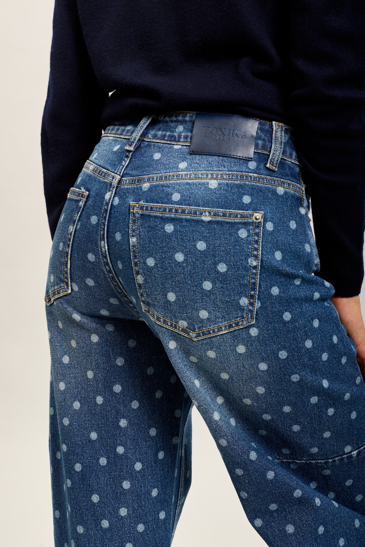 Denim polka dot barrel jeans